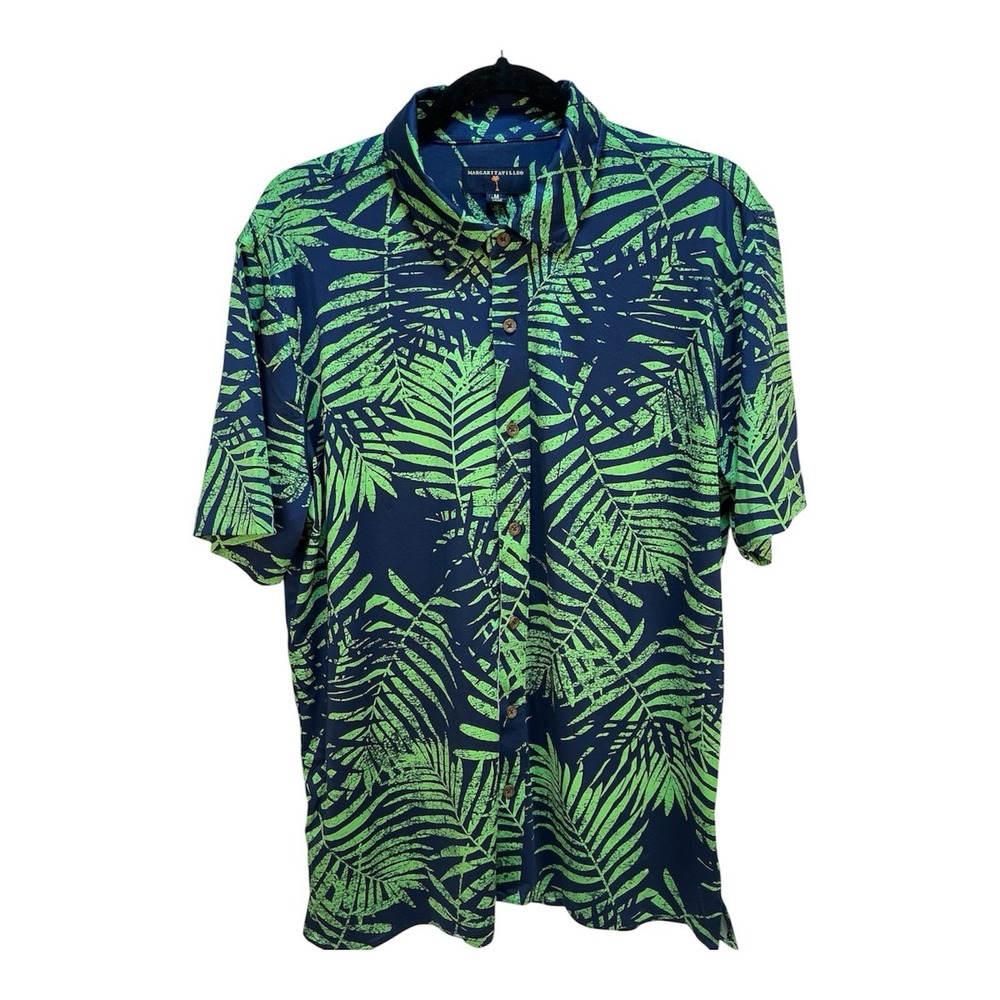Margaritaville‎ Men M Insignia Blue Palm Short Sleeve Button Up Aloha Shirt